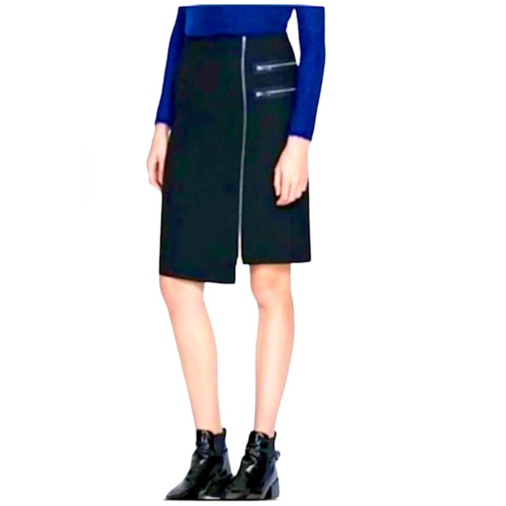Zara Woman Black MIDI Asymmetrical Skirt. Front Zipper Closure.  Size XS.